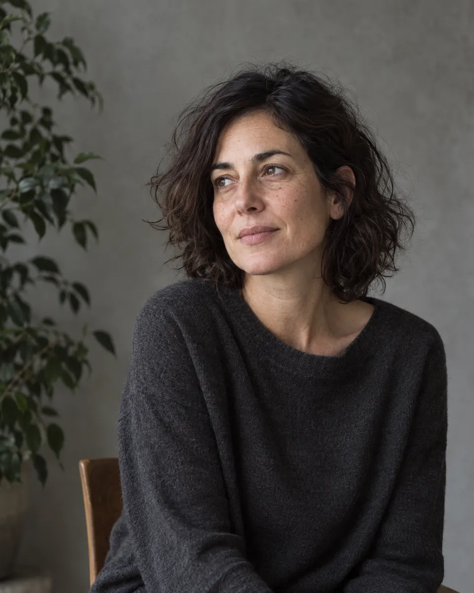 Inés, de cabello oscuro ondulado, junto a una pared gris con luz natural.