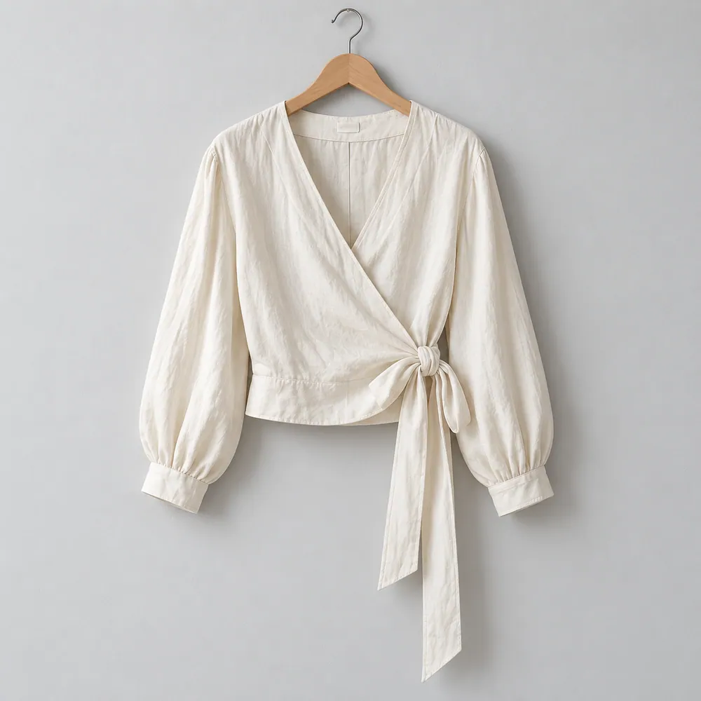 Camisa Alba marfil de lino cruzada, en una percha
