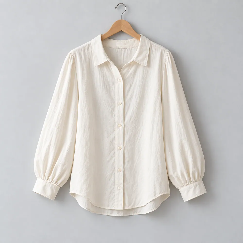 Blusa Lía marfil de cuello clásico y mangas largas, en una percha