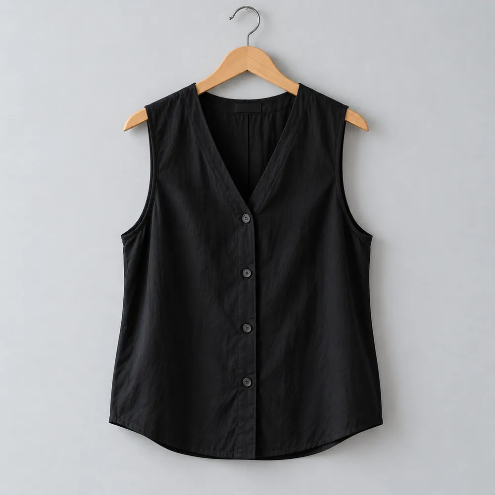 Blusa Noche negra sin mangas, escote V y botones, en una percha