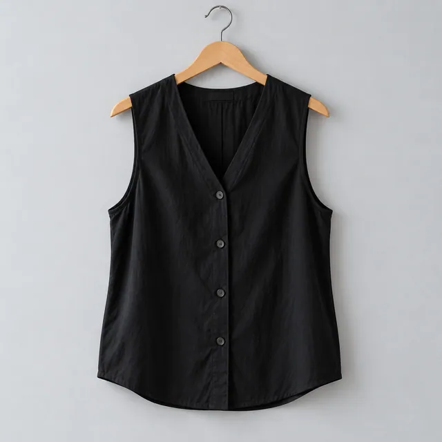 Blusa Noche negra sin mangas, escote V y botones, en una percha