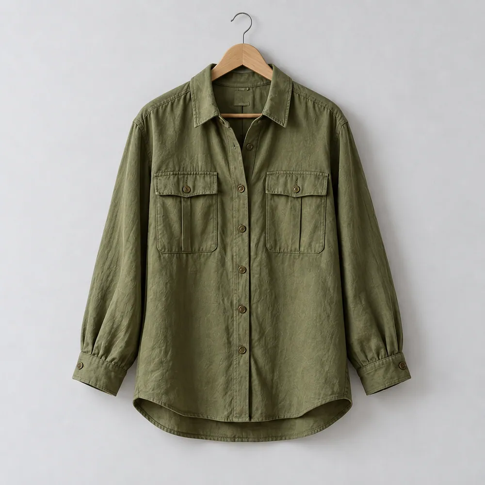 Sobrecamisa Senda oliva con bolsillos, en una percha