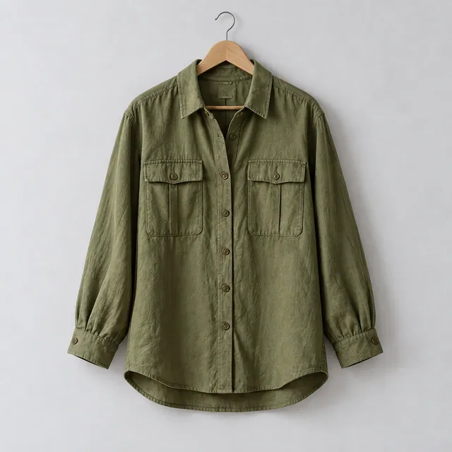 Sobrecamisa Senda oliva con bolsillos, en una percha