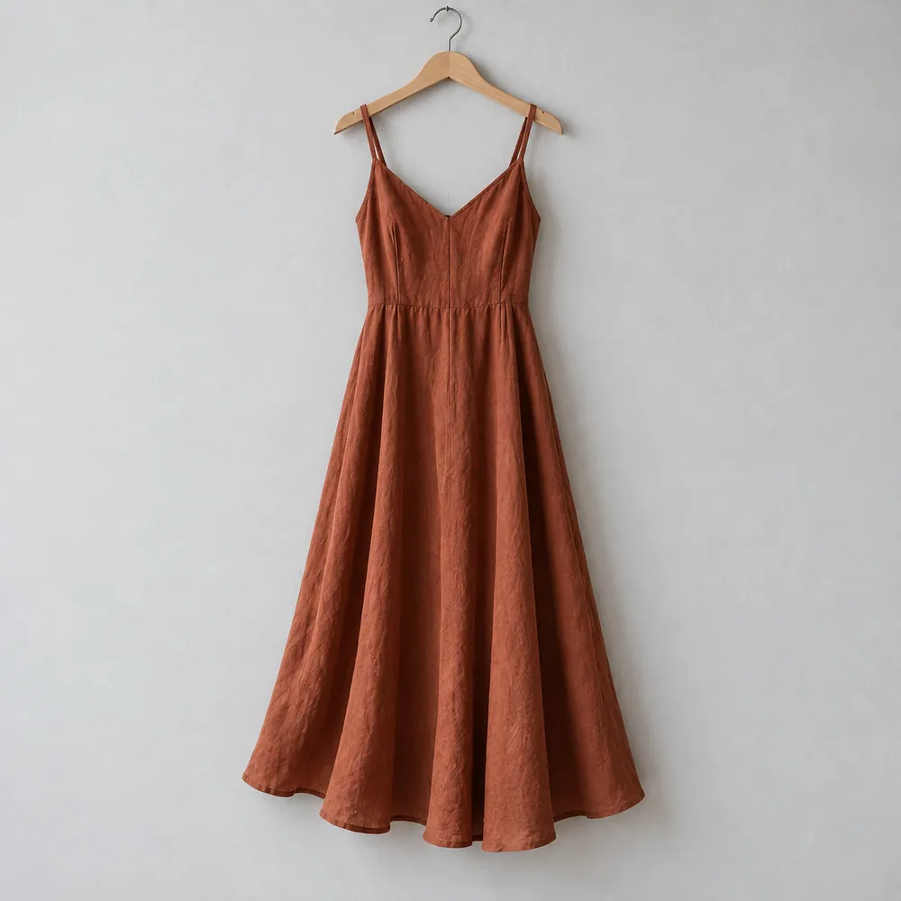 Vestido Tierra arcilla de tirantes y falda amplia, en una percha
