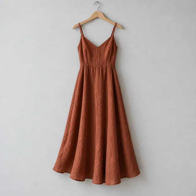 Vestido Tierra arcilla de tirantes y falda amplia, en una percha